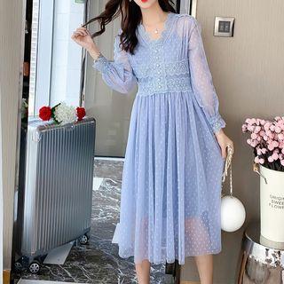 Long-sleeve Lace-panel Dotted Dress