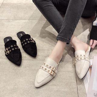 Faux Suede Dual Buckled Flat Mules