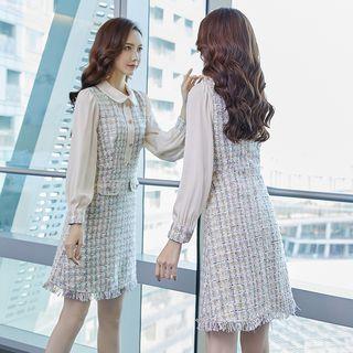 Long-sleeve Tweed Panel Fringed A-line Dress