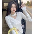 Long-sleeve V-neck Plain Slim-fit Halter Knit Top