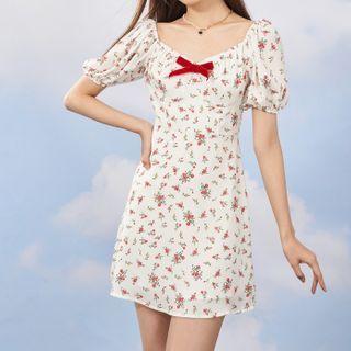 Floral Bow Puff-sleeve Dress
