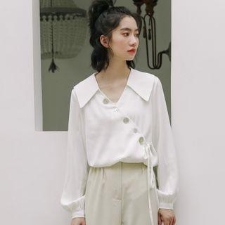 Asymmetric Tie-front Long-sleeve Blouse Off White - One Size