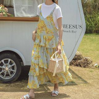 Short-sleeve Printed Midi Layered Chiffon Dress As Shown In Figure - One Size