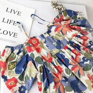 Floral Print Off-shoulder Spaghetti Strap Short-sleeve Blouse