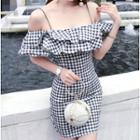 Short-sleeve Cold-shoulder Gingham Mini Bodycon Dress