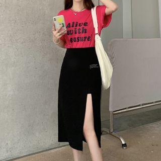 Lettering T-shirt / Slit Midi Pencil Skirt