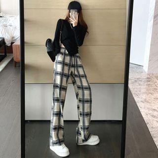 Irregular Slited Crop T-shirt / Plaid Wide-leg Pants