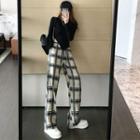 Irregular Slited Crop T-shirt / Plaid Wide-leg Pants