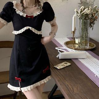 Short-sleeve Eyelet Trim Mini A-line Dress