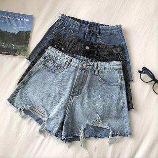 Asymmetric Distressed Frayed High-waist Shorts