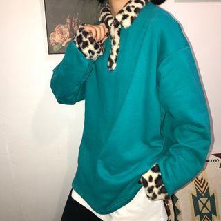 Leopard Pattern Panel Polo Sweatshirt