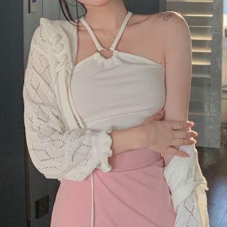Cut-out Halter Top / Pointelle Knit Cardigan
