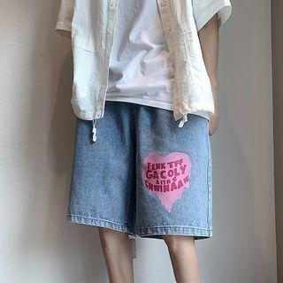 Lettering Heart Print Denim Straight Leg Shorts