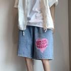 Lettering Heart Print Denim Straight Leg Shorts