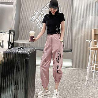Short-sleeve Lace-up T-shirt / Lettering Sweatpants / Set