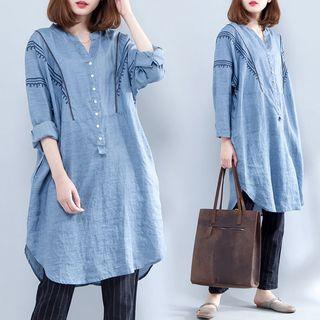 Plain V-neck Shirtdress Blue - L