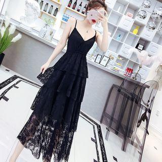 Spaghetti Strap Midi Lace Layered Dress