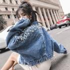 Faux Pearl Accent Wide Cropped Denim Jacket