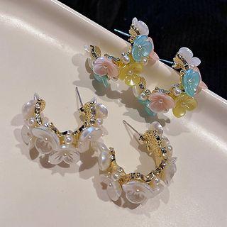 Flower Faux Pearl Rhinestone Open Hoop Earring