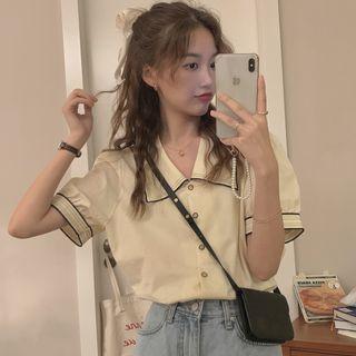 Elbow-sleeve Collar Contrast Trim Blouse Almond - One Size