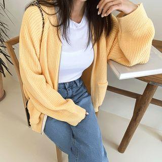 Raglan-sleeve Zip-up Rib-knit Cardigan