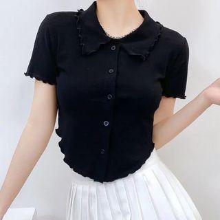Short-sleeve Collar Plain Button-up Crop Top
