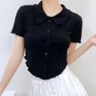 Short-sleeve Collar Plain Button-up Crop Top