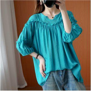Plain Ruffle Trim Elbow-sleeve Blouse