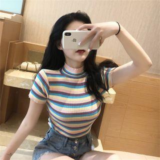 Striped Mock-turtleneck Short-sleeve Knit Top As Shown In Figure - One Size