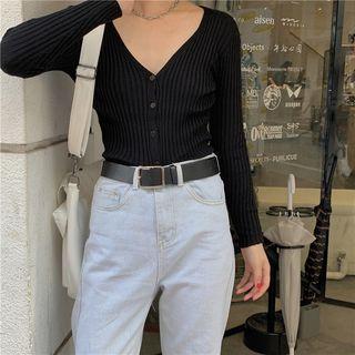 Plain V-neck Cardigan Black - One Size