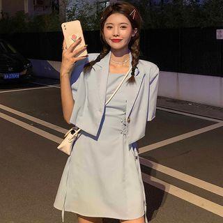 Spaghetti Strap Lace-up Mini A-line Dress / Short-sleeve Cropped Blazer