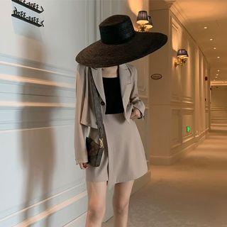 Set: Plain Single-breasted Cropped Blazer + High-waist Skort