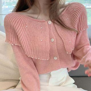Long-sleeve Embellished Wide-collar Button-up Knit Top