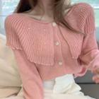 Long-sleeve Embellished Wide-collar Button-up Knit Top