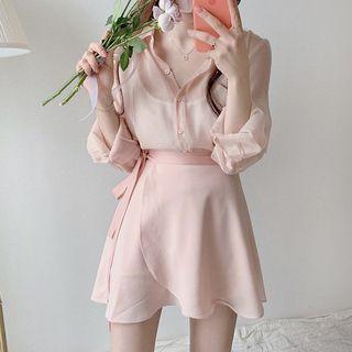 Long-sleeve Plain Blouse / Mini A-line Skirt