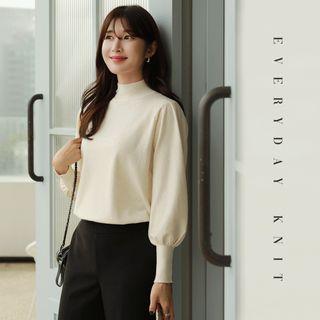 Bishop-sleeve Mock-neck Knit Top