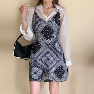 Long-sleeve Sheer Shirt / Spaghetti Strap Printed Mini A-line Dress