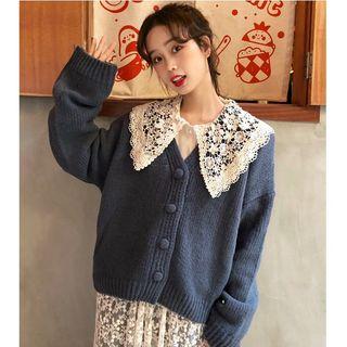 Buttoned Cardigan/ Lace Panel Long-sleeve Blouse