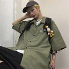 Applique Short-sleeve Button-down Shirt Vintage Green - One Size