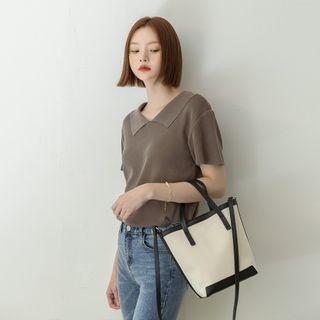 Spread-collar Short-sleeve Lightweight Knit Top