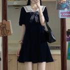 Short-sleeve Sailor Collar Plaid Bow Mini A-line Dress