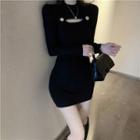 Long-sleeve Cutout Mini Sheath Knit Dress Black - One Size