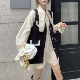 Pearl-trim Pointy-collar Mini Shirtdress / Vest Jacket