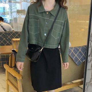 Cropped Denim Button Jacket / Slit-side Sleeveless Dress