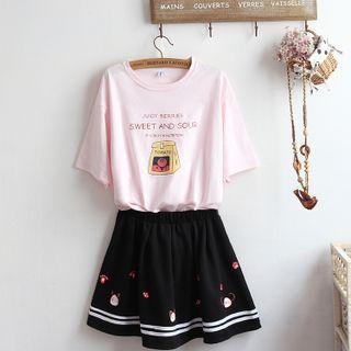 Short-sleeve Lettering T-shirt / Cartoon Print Mini A-line Skirt / Set