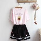 Short-sleeve Lettering T-shirt / Cartoon Print Mini A-line Skirt / Set