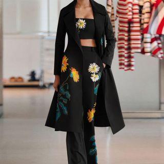 Set: Flower Print Midi Jacket + Tube Top + Bootcut Pants