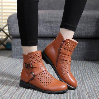 Genuine-leather Cutout Buckle Ankle Boots