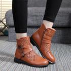 Genuine-leather Cutout Buckle Ankle Boots