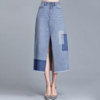 Patchwork Slit Front Midi Denim Skirt